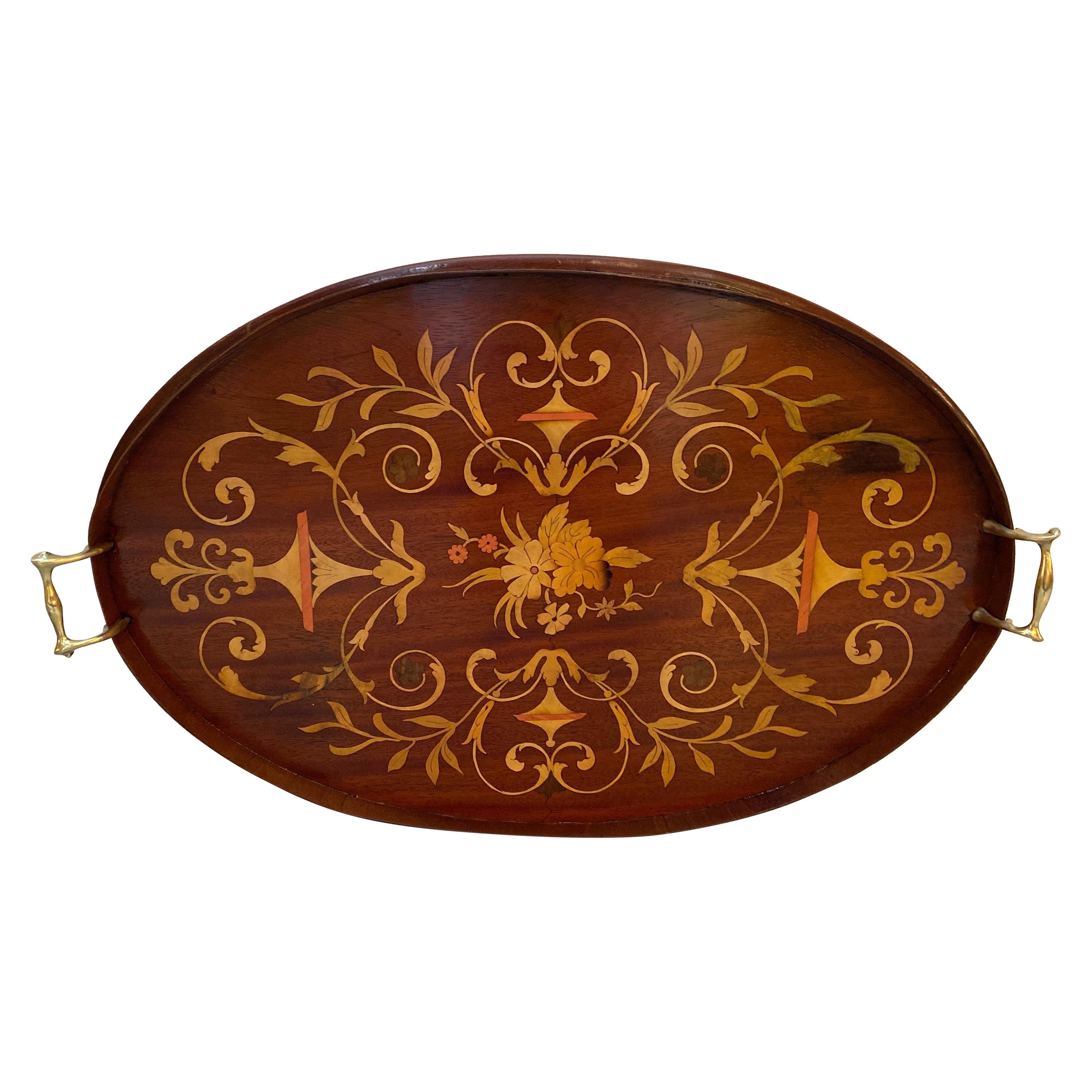Exceptional Mahogany Inlaid Edwardian English Tray For Sale