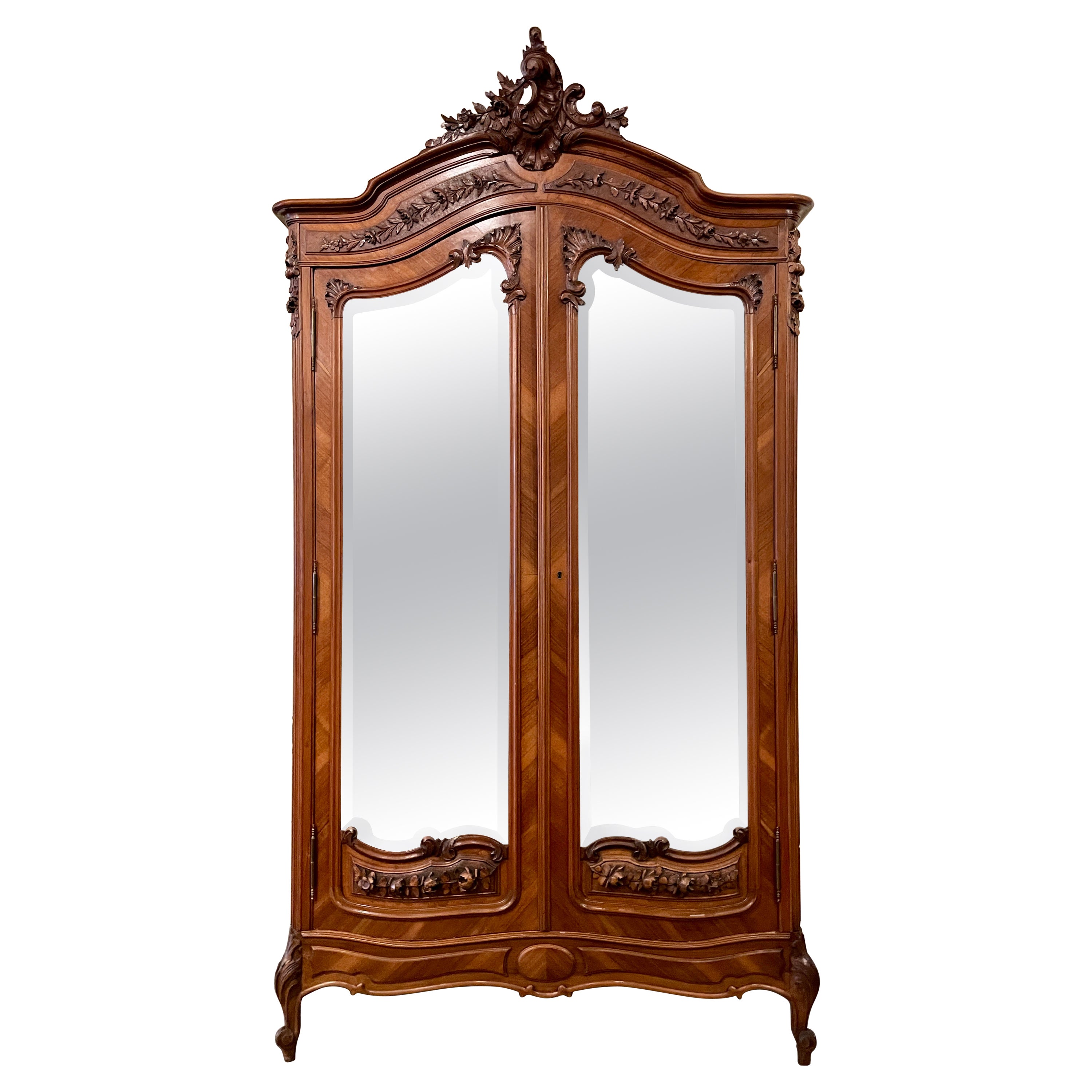 Antique French Carved Walnut Double Door Armoire with Beveled Mirrors circa 1890