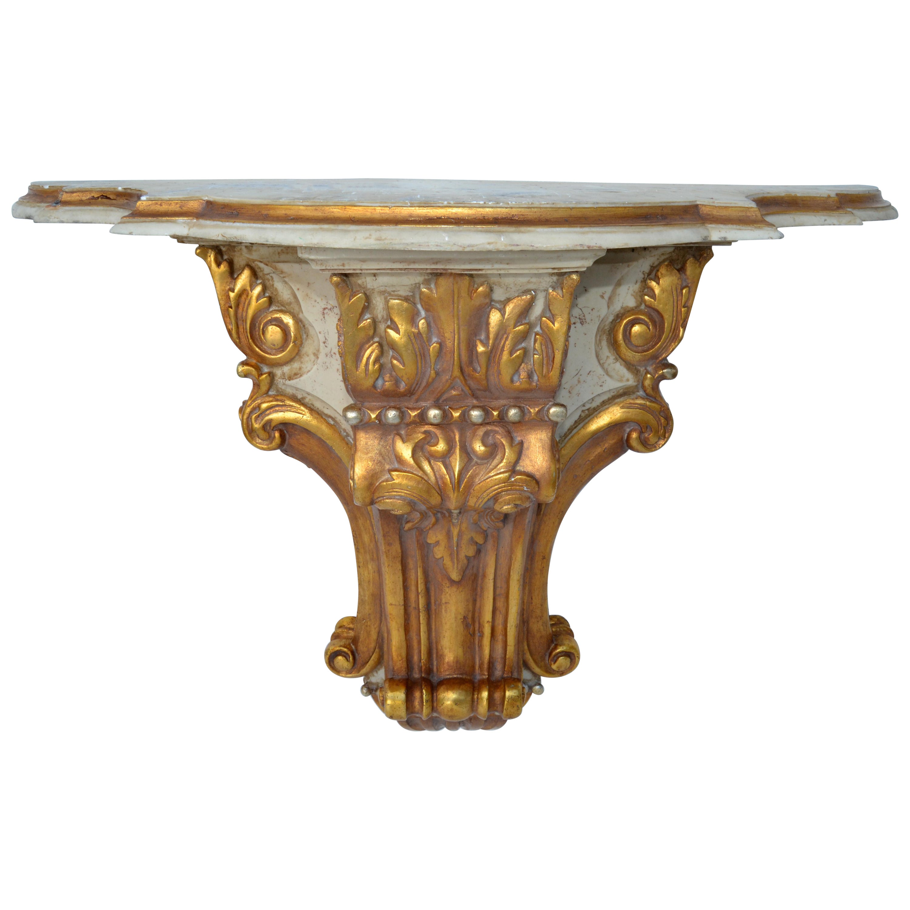 Signed Neoclassical Wall-Mounted Carved Gilt Wood & Marble Console Table, Spain For Sale