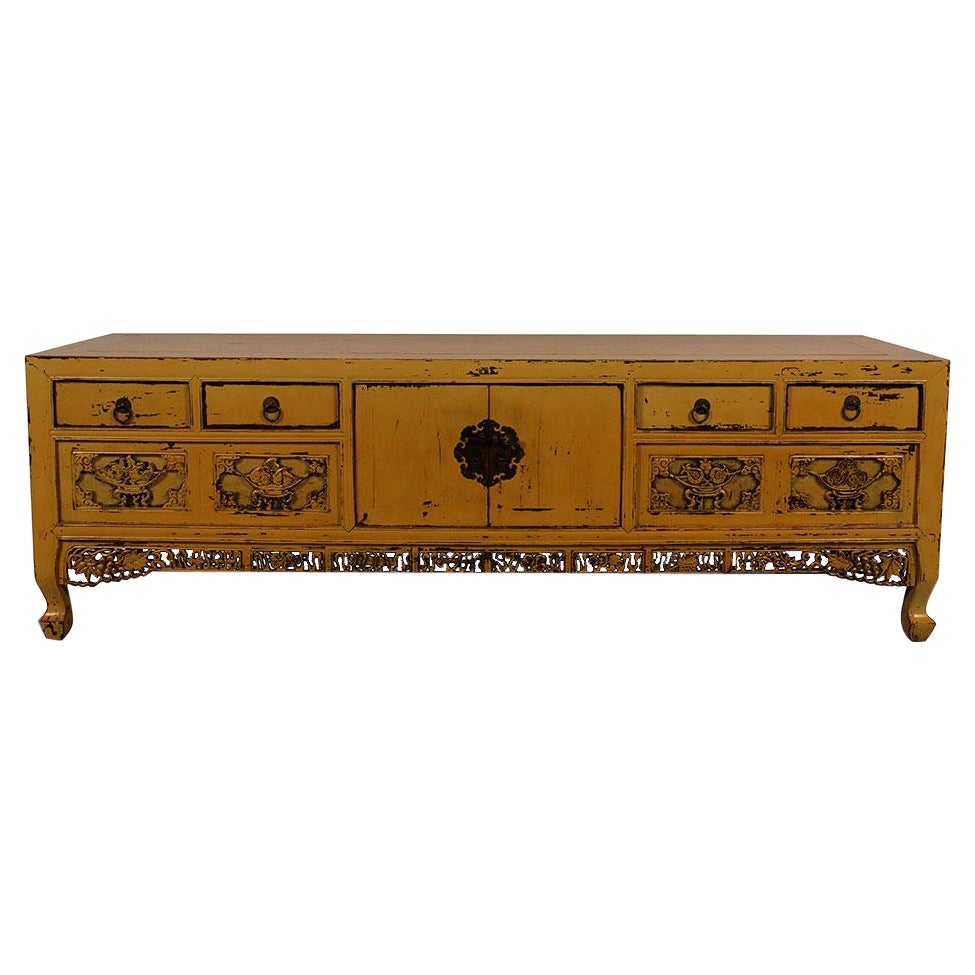 19th Century Antique Chinese Carved Yellow Lacquered Bed Foot Chest/Coffee Table