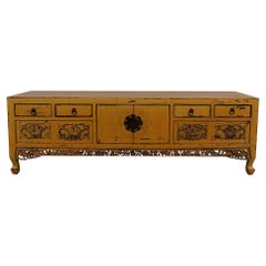 19th Century Antique Chinese Carved Yellow Lacquered Bed Foot Chest/Coffee Table