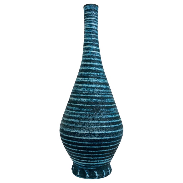 Petit Vase Japonais En Céramique Vernissée Rayé En Forme De Pot à Herbes Signé Japan 1970