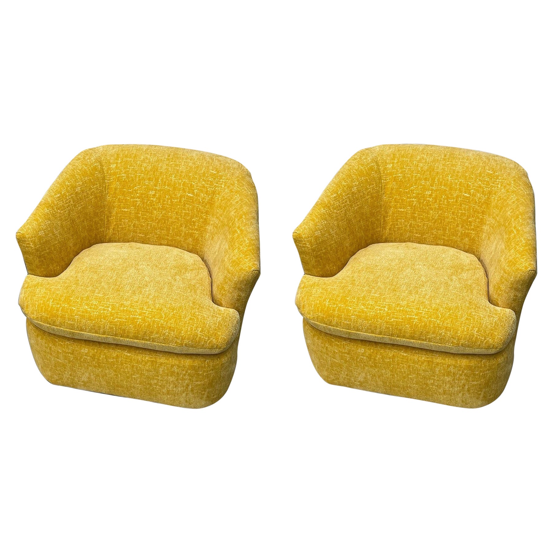 Pair of Milo Baughman Style Swivel / Tub Chairs, New Yellow Textured Upholstery