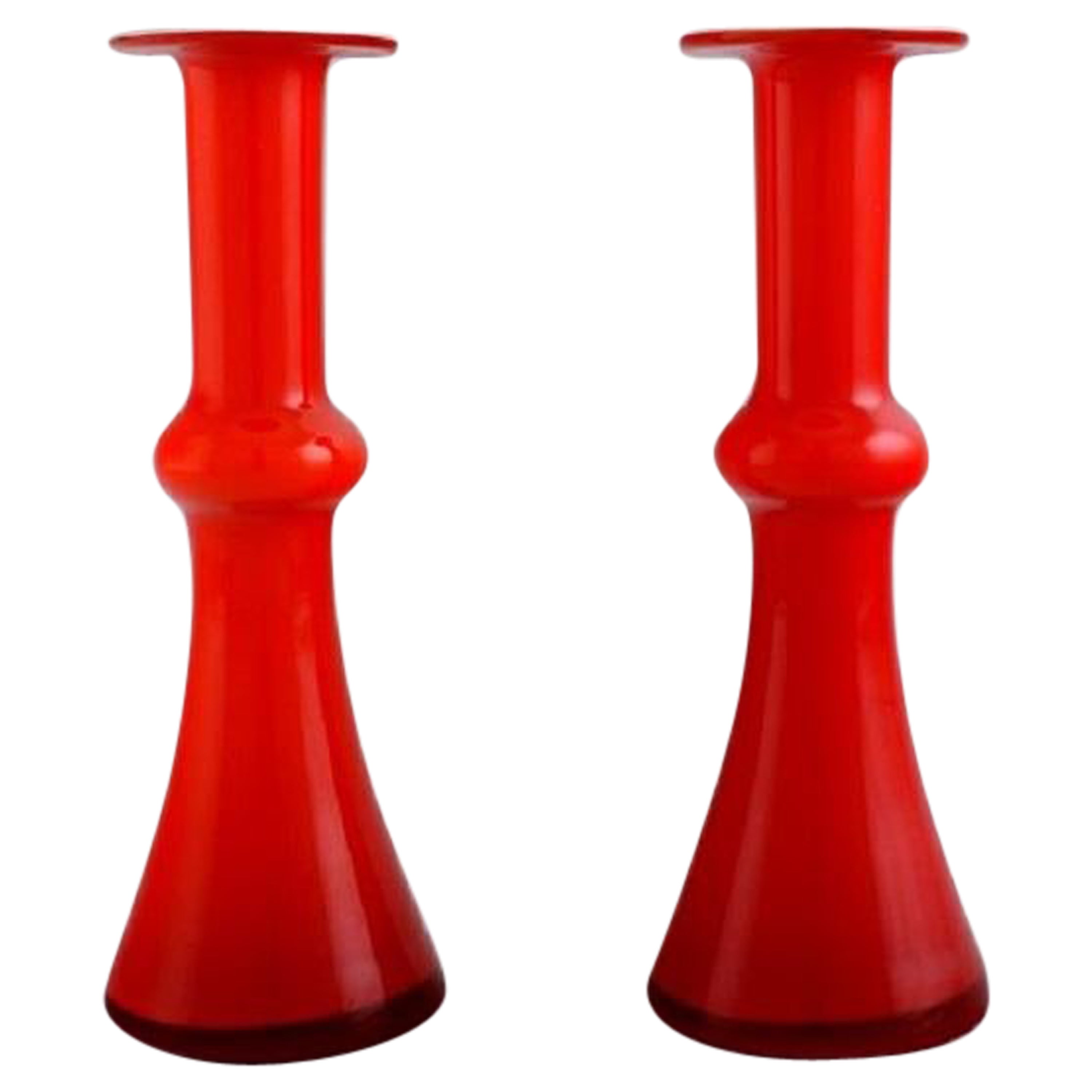 Holmegaard / Kastrup, Two Carnaby Vases in Red Mouth Blown Art Glass, 1960s.  For Sale