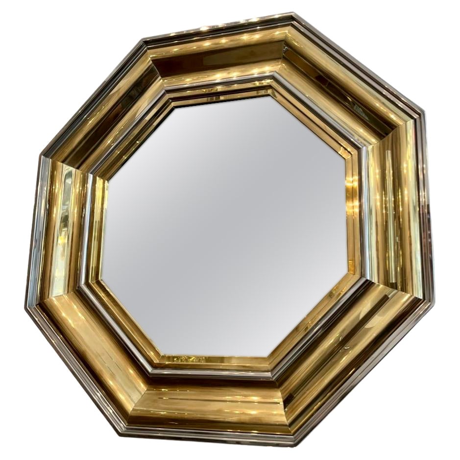 Giant Chrome & Brass Octagonal Wall Mirror by Michel Pigneres, France Ca. 1970s