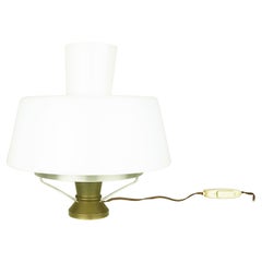 Retro Italian White Opaline Glass Shade, Brass & Aluminum Mid Century Table Lamp