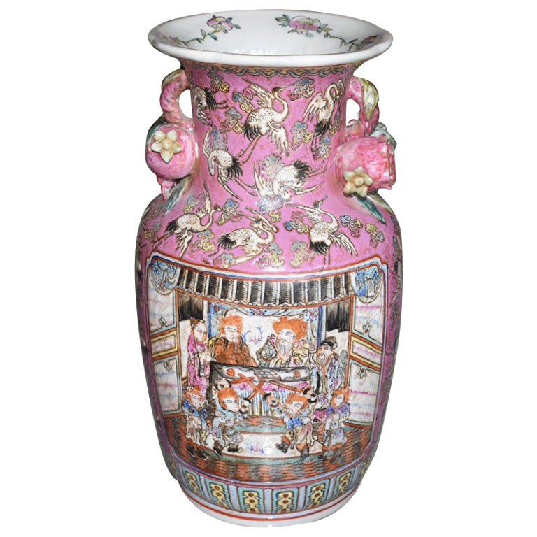Large Chinoiserie Famille Rose Pink Vase with Floral and Bird Motif