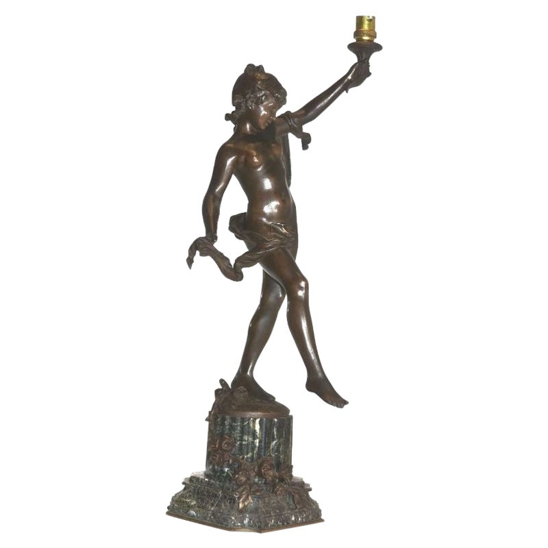 Young Girl Carrying Torch on Green Marble Base by Moreau 19th Century For Sale