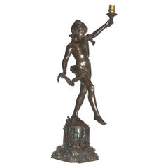 Young Girl Carrying Torch on Green Marble Base by Moreau 19th Century