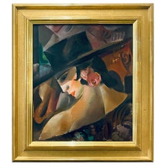 "Flamenco Dancer," Brilliant Art Deco-Cubist Oil Painting by Schyl, 1920s