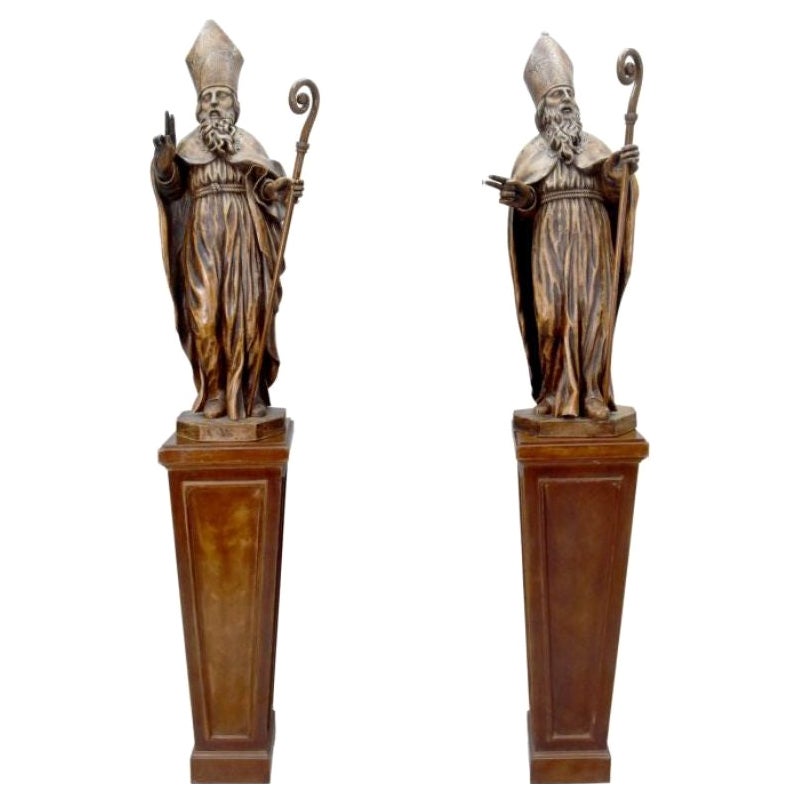 Pair of Wooden Sculptures Representing 2 Bishops For Sale