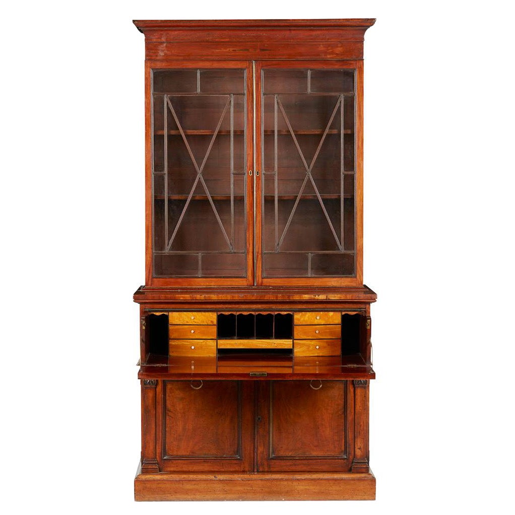 William IV Period Mahogany and Satinwood Secretaire Bookcase with Glazed Front 