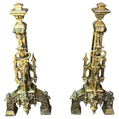 Antique French Gothic Revival Brass Andirons Pair Fireplace Hearth Bird Masks