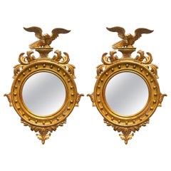 Mid-Century Italian Carved Eagle Giltwood Federal Style Mirrors, Pair