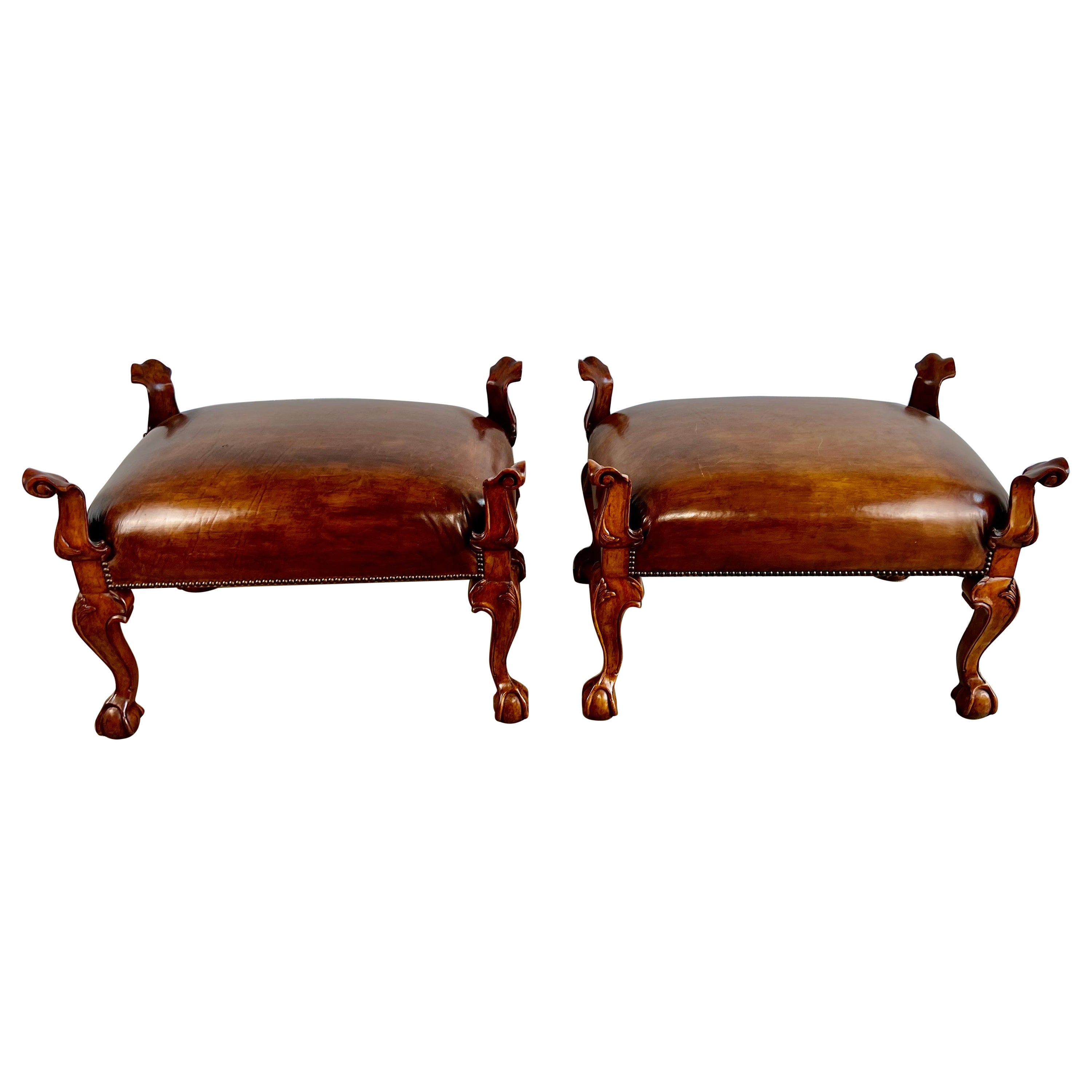 Pair of English Walnut Finished Leather Benches For Sale