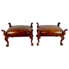 Pair of English Walnut Finished Leather Benches