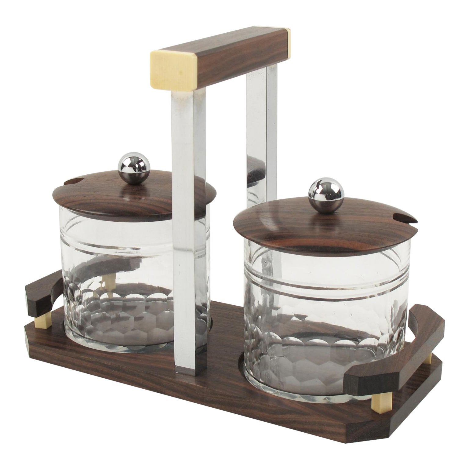 Art Deco Macassar Wood, Chrome and Crystal Jar Condiment Set