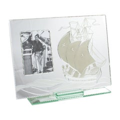 Vintage Mirror Picture Frame with Sailing Boat Etching, France 1940s