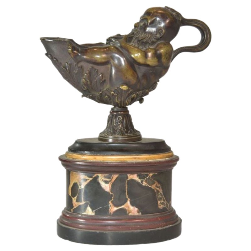 Petroleum Lamp with Genie Decoration in Bronze Portor Marble Base For Sale