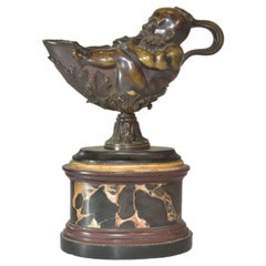 Petroleum Lamp with Genie Decoration in Bronze Portor Marble Base