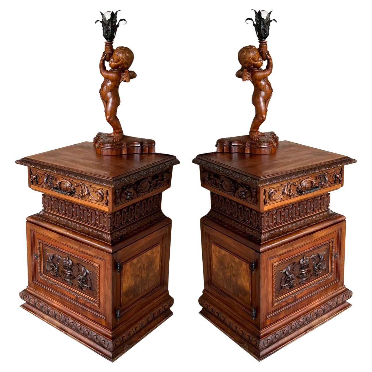 19th Pair of Italian Hand Carved Walnut Monumental Nightstands with Lamp For Sale
