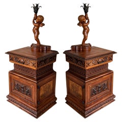 19th Pair of Italian Hand Carved Walnut Monumental Nightstands with Lamp
