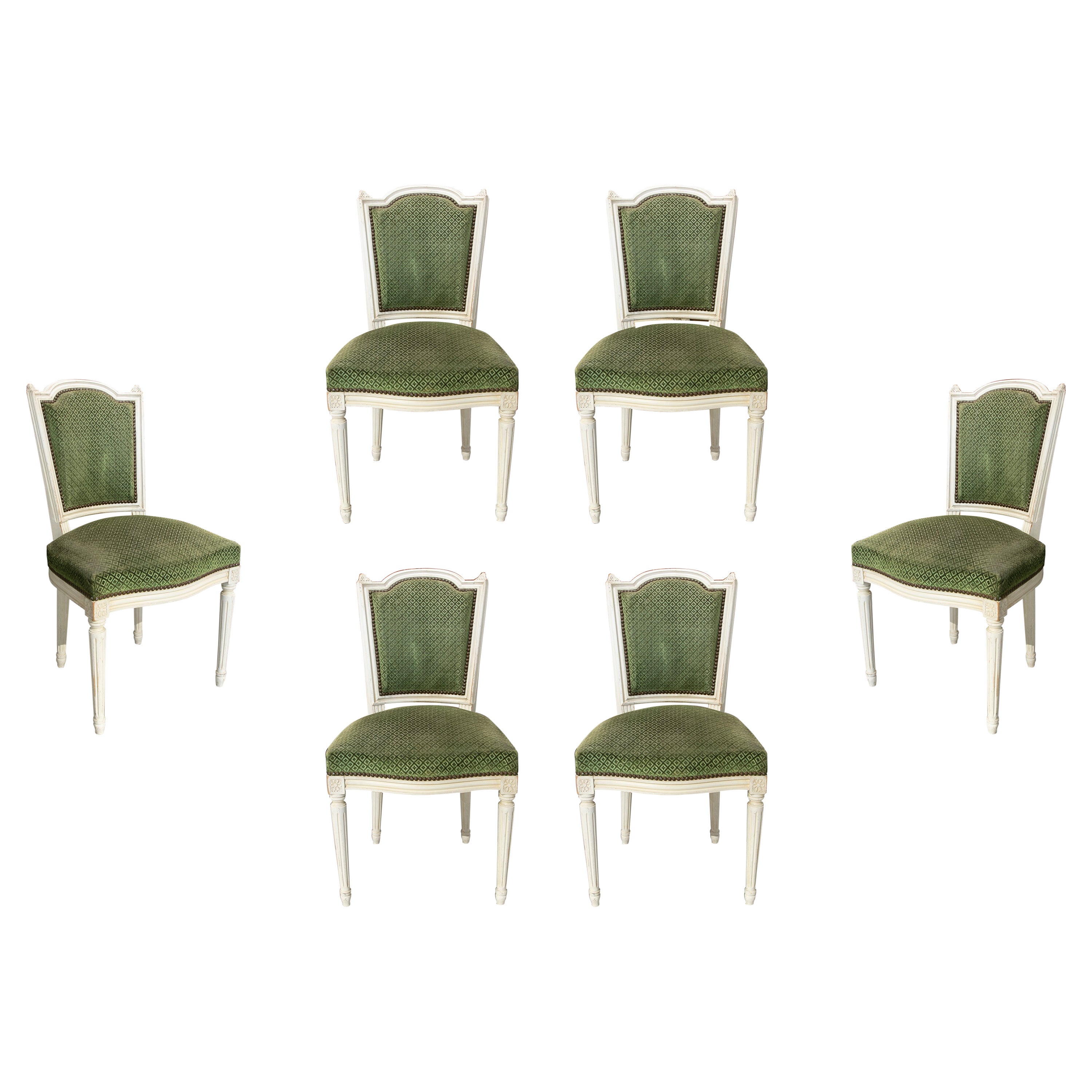 19. Jahrhundert, Französisch, Satz von sechs Holzstühlen, grün gepolstert