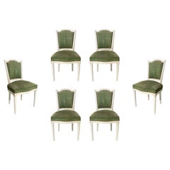 Antique 19th Century, French, Set of Six Wooden Chairs Upholstered in Green