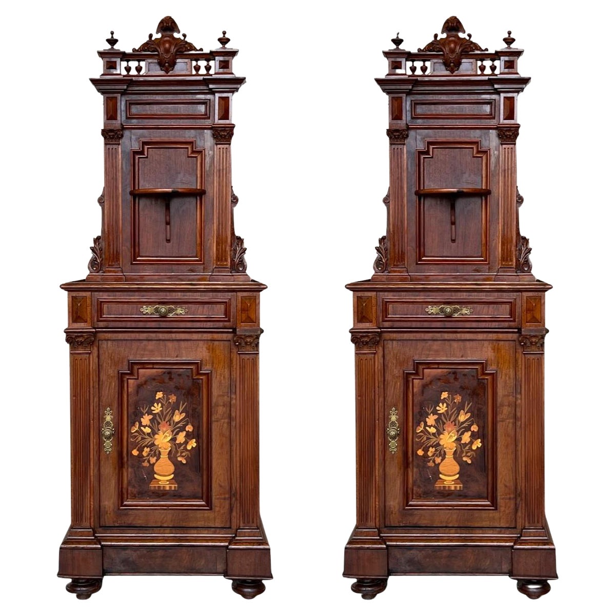19th Century French Walnut Neoclassical Nightstands with Large Crest