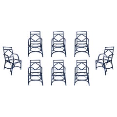 Ensemble de huit chaises en bambou et osier peintes en bleu, années 1980