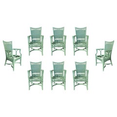 1980s Set of Eight Wicker Armchairs Painted in Green