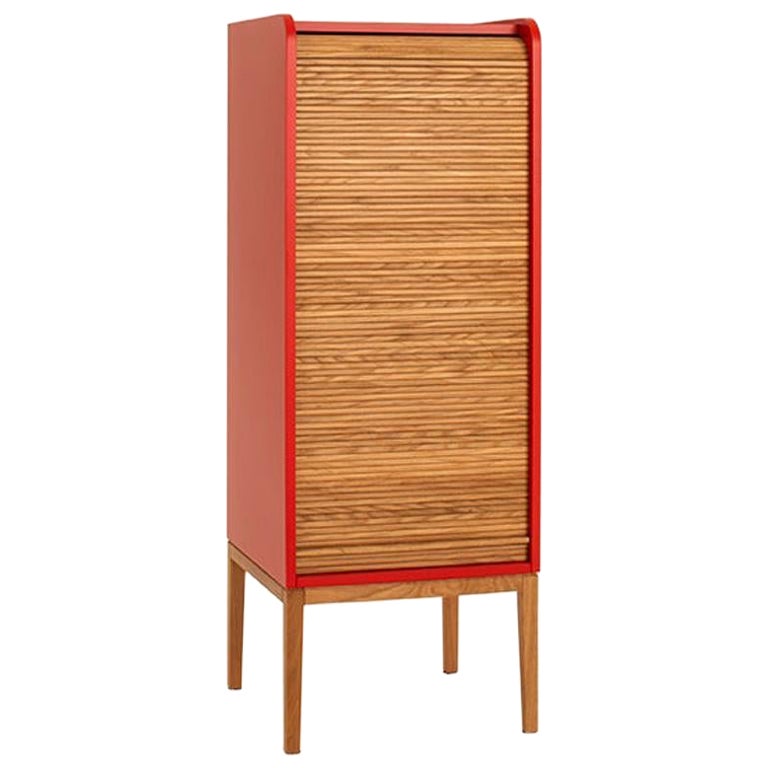 Tapparelle L Cabinet Cherry Red; with Handmade Sliding Shutter in Solid Oak For Sale
