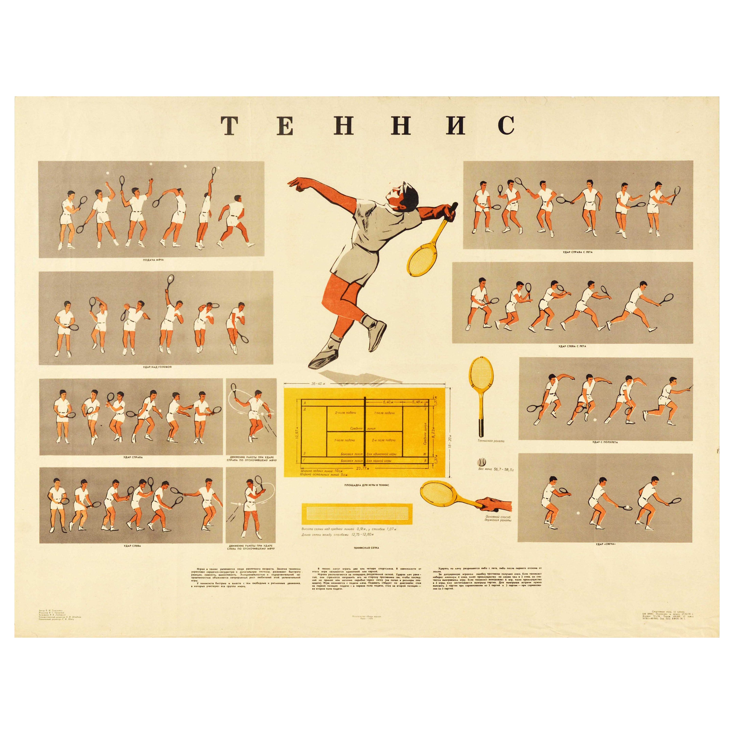 Poster originale d'epoca Come giocare a tennis Attrezzatura illustrata Sport Art
