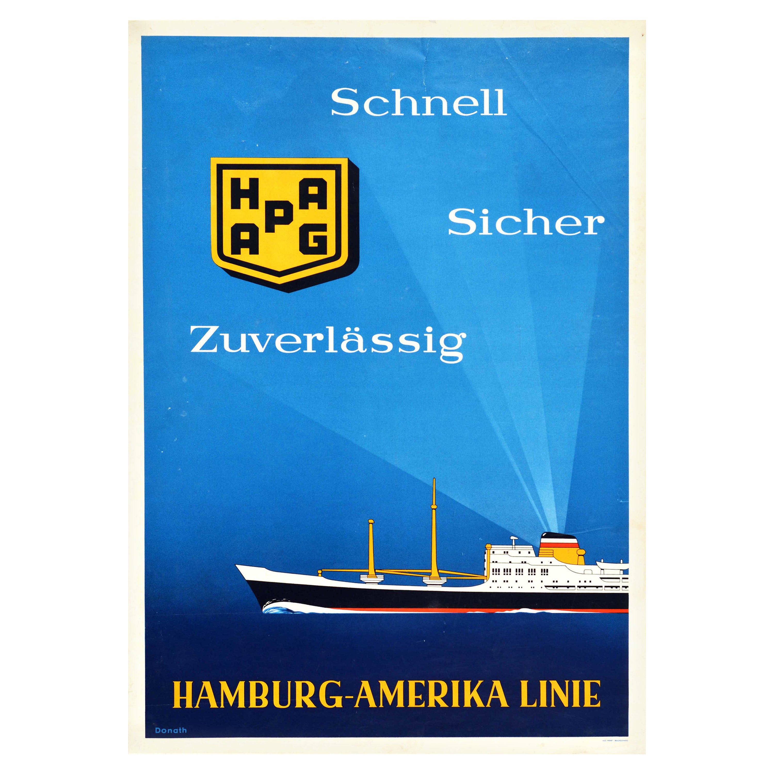 Original Vintage Travel Poster Hamburg America Liner Fast Safe Reliable Ship Art For Sale