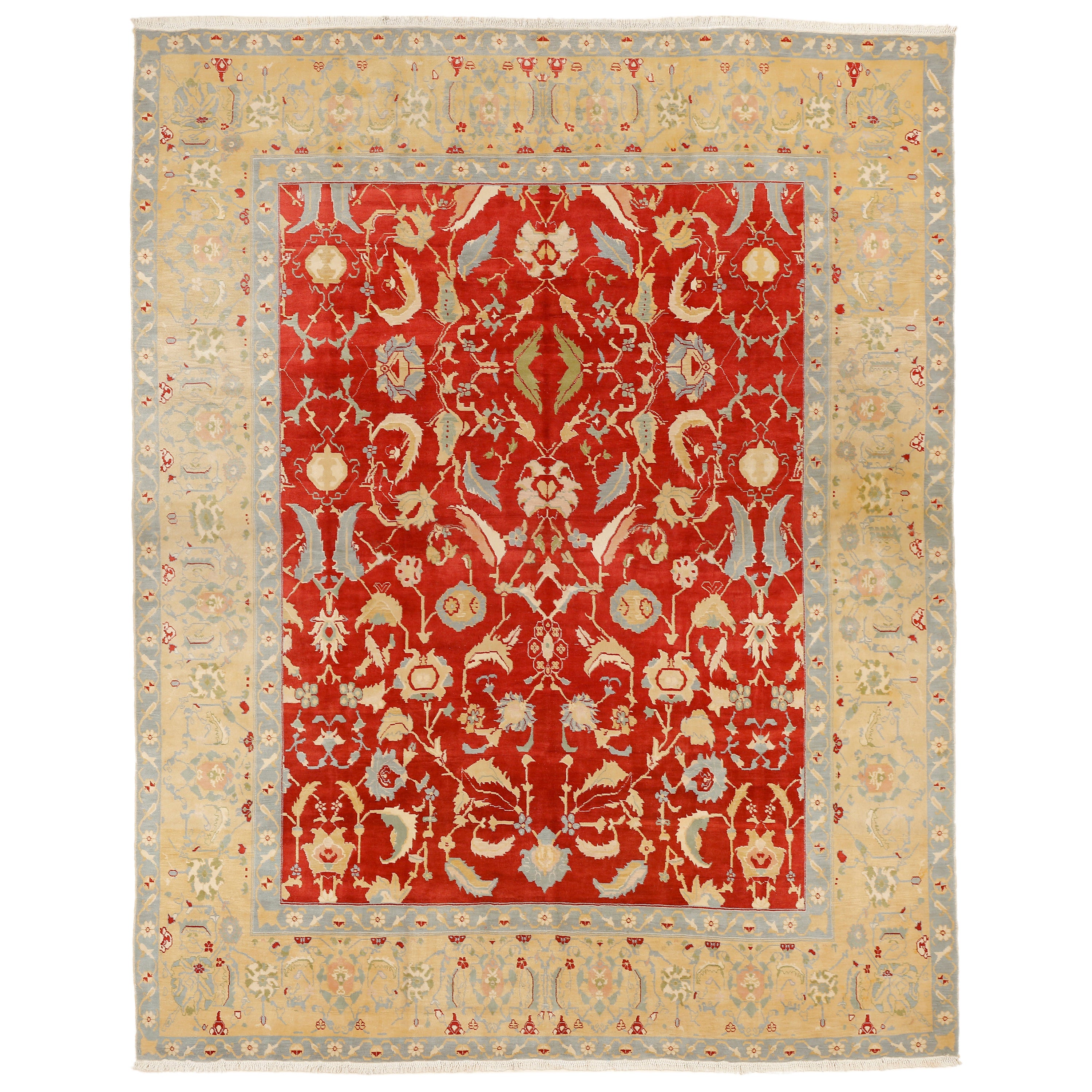 Burgunderroter Agra-Teppich im Vintage-Stil mit verschnörkelten Blättern und Palmetten im Angebot
