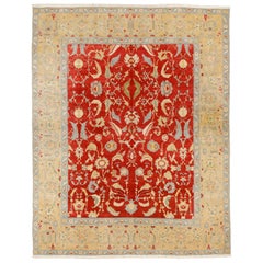 Burgunderroter Agra-Teppich im Vintage-Stil mit verschnörkelten Blättern und Palmetten