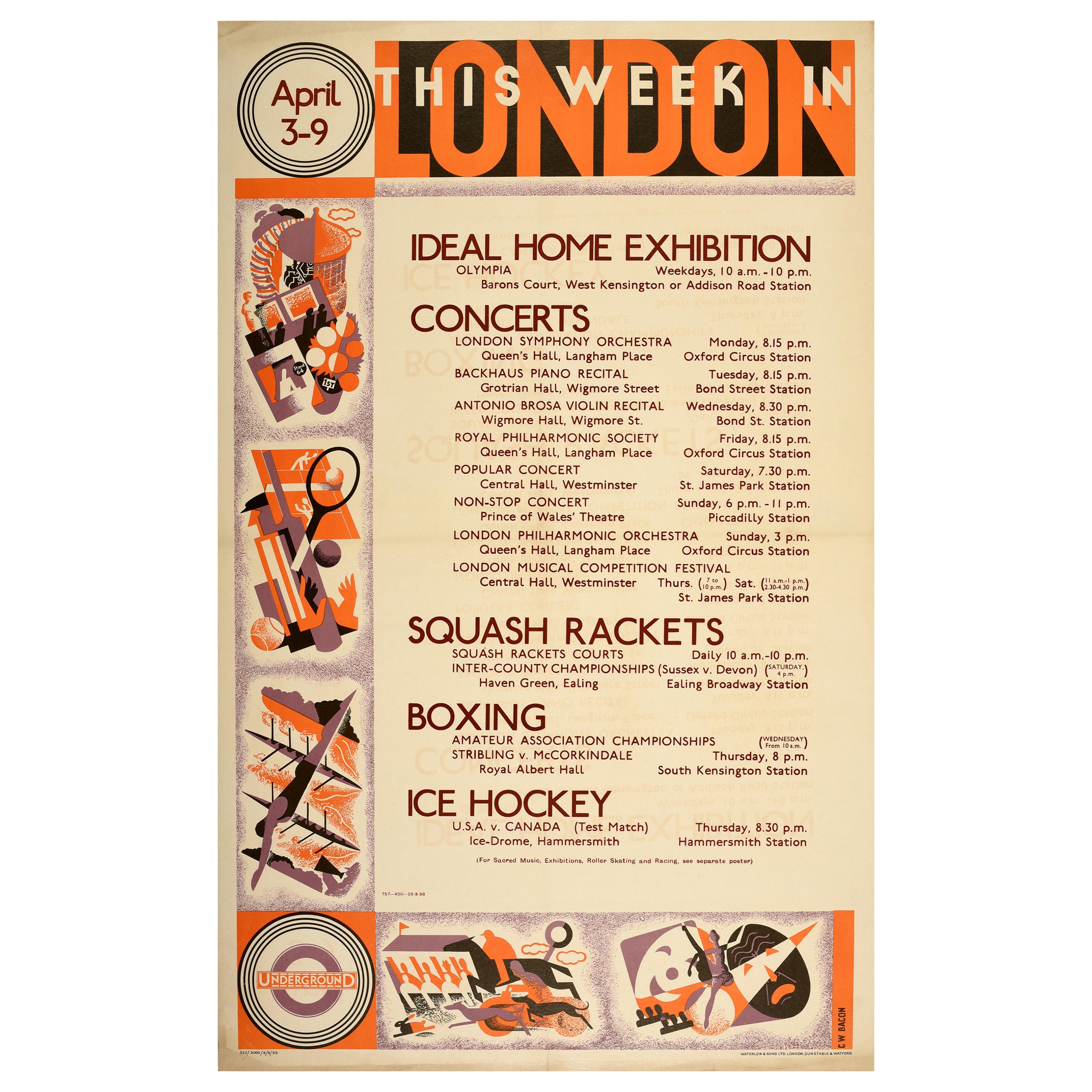 Affiche vintage originale du métro de Londres, Sport domestique, Boxe de boxe et hockey