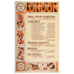Original Vintage London Underground Poster Home Music Sport Squash Boxing Hockey