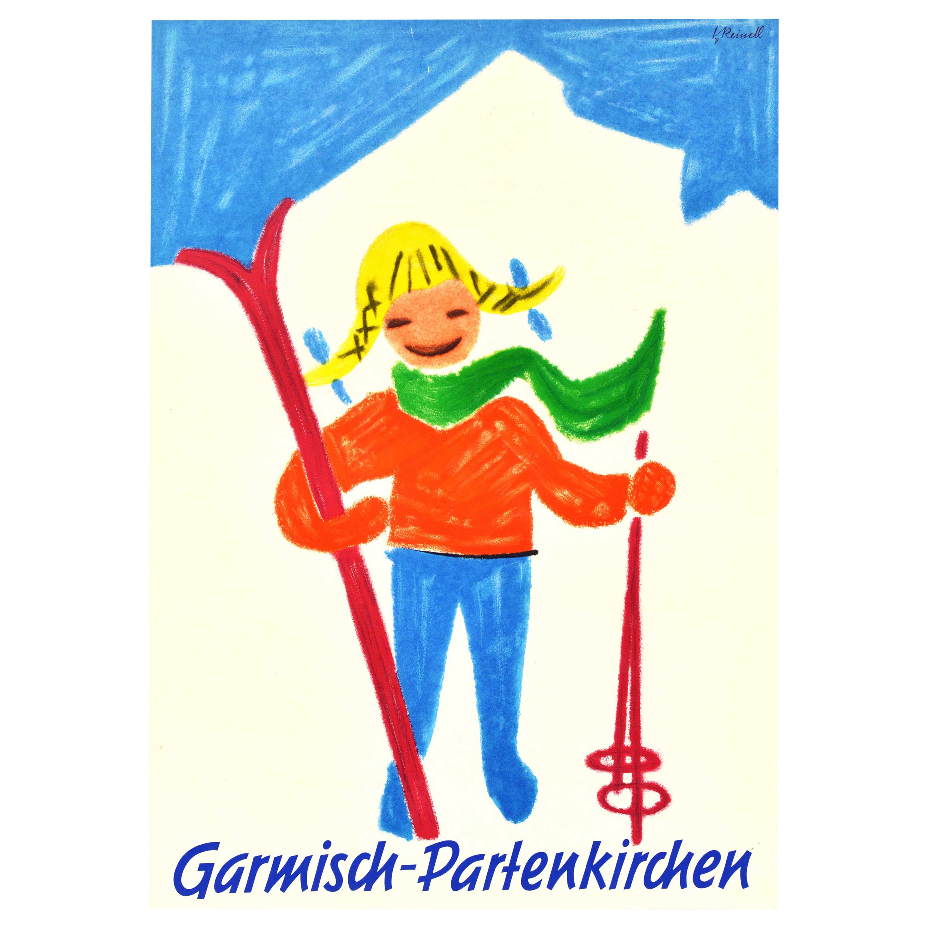 Affiche rétro originale de sports d'hiver, Ski, Garmisch Partenkirchen, Bavière, Allemagne