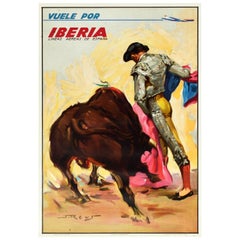 Original Vintage Travel Poster Fly Iberia Airline Spain Bullfighting Matador Art