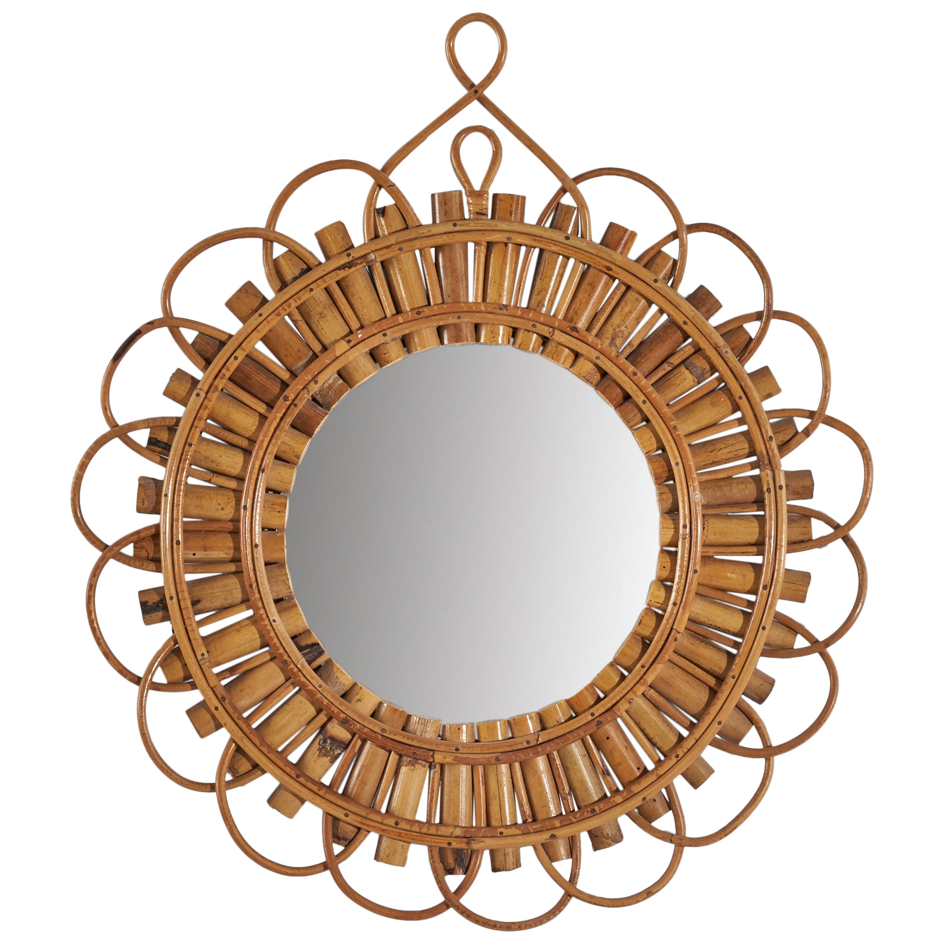 Italian Designer, Wall Mirror, Rattan, Mirror, Italy, c. 1950s For Sale