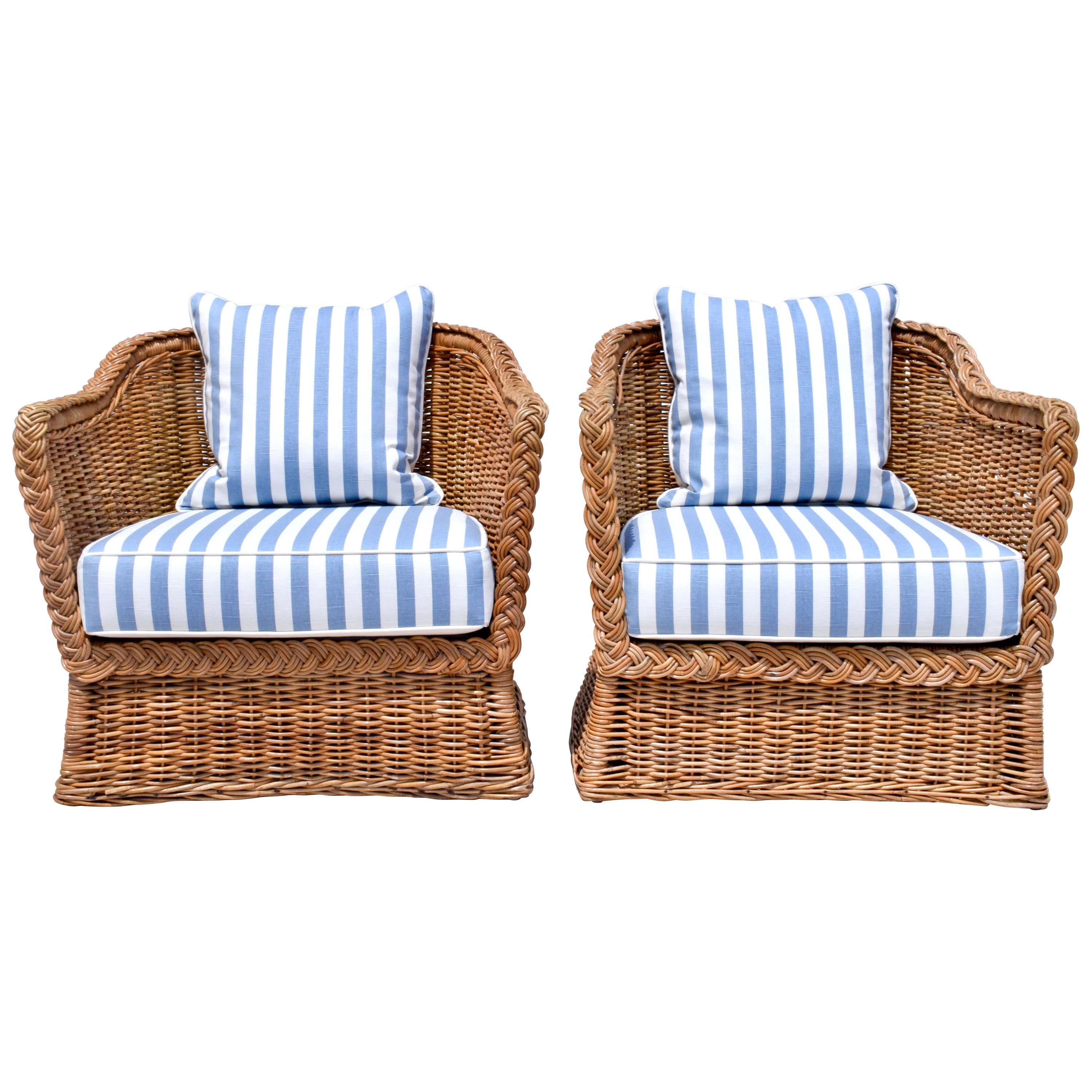 Wicker Works Braided Wicker Rattan Arm Chairs in Blue & White Linen