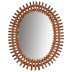 Italian Designer, Oval Wall Mirror, Rattan, Mirror, Italy, C. 1950s