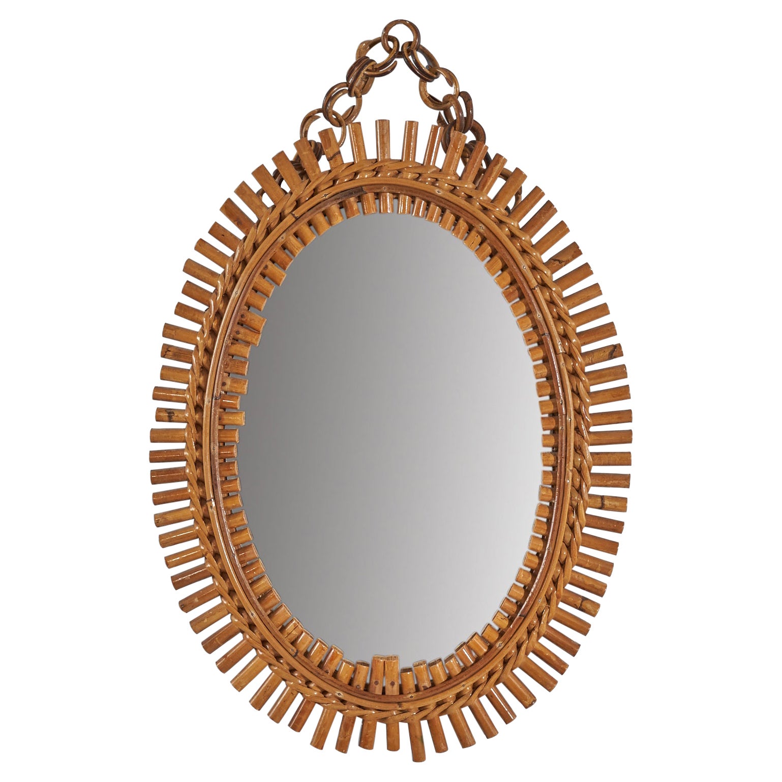 Italian Designer, Oval Wall Mirror, Rattan, Mirror, Italy, C. 1950s For Sale