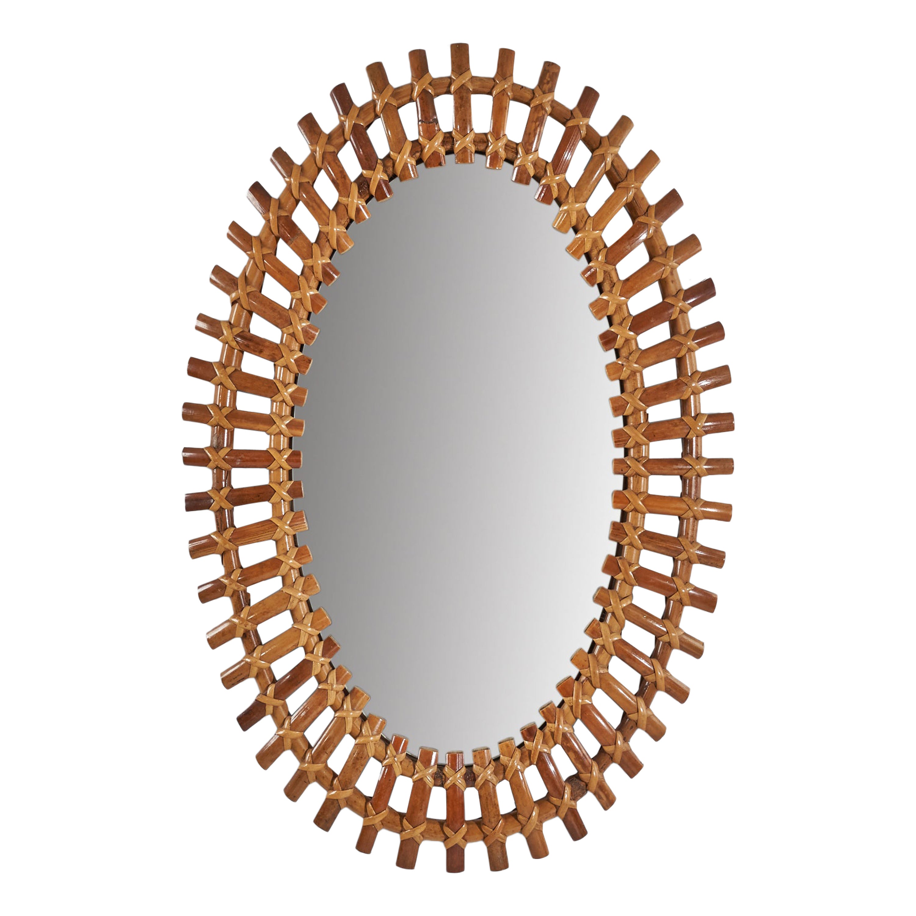Italian Designer, Oval Wall Mirror, Rattan, Bamboo, Mirror, Italy, C. 1950s For Sale