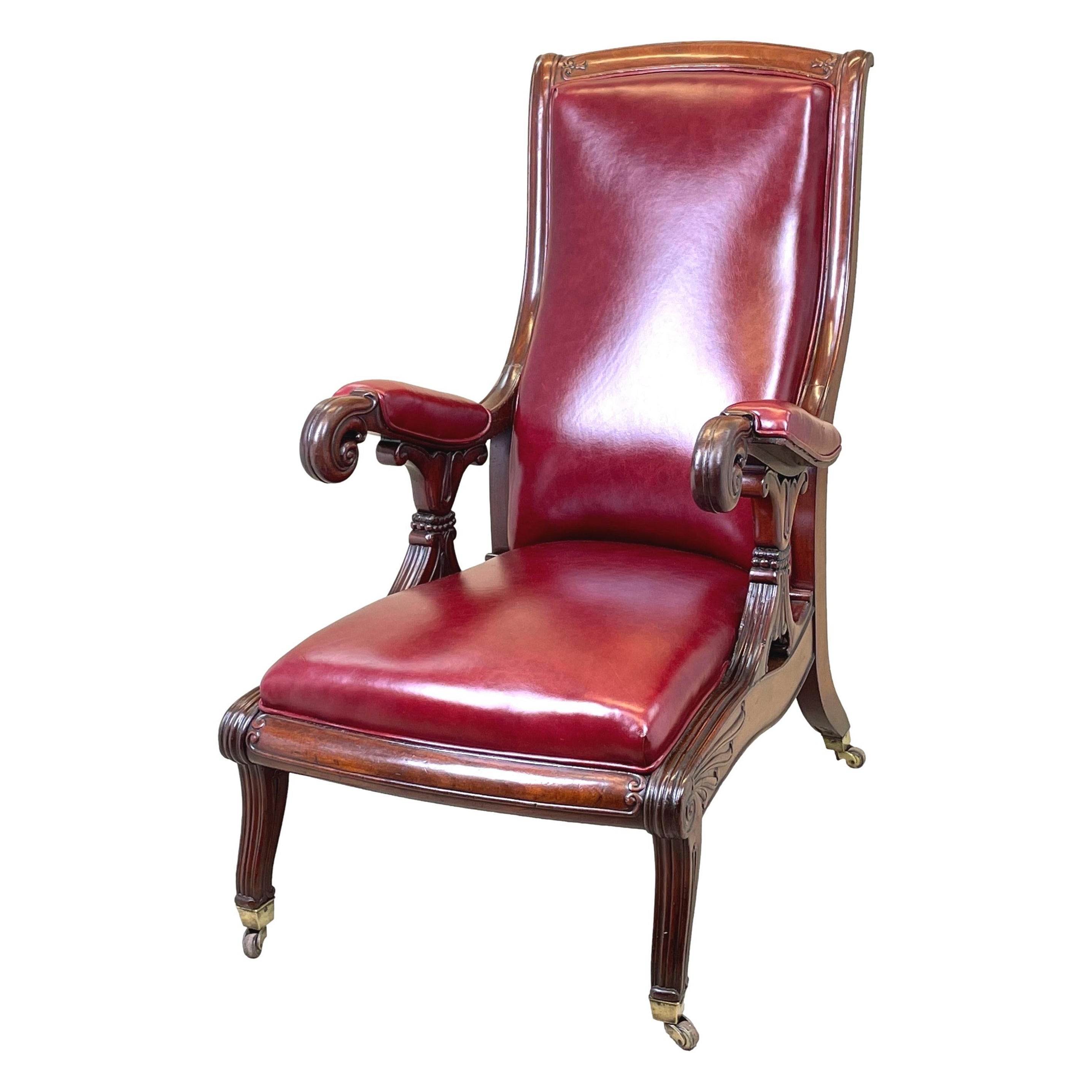 Chaise de bibliothèque en cuir d'acajou du 19ème siècle en vente