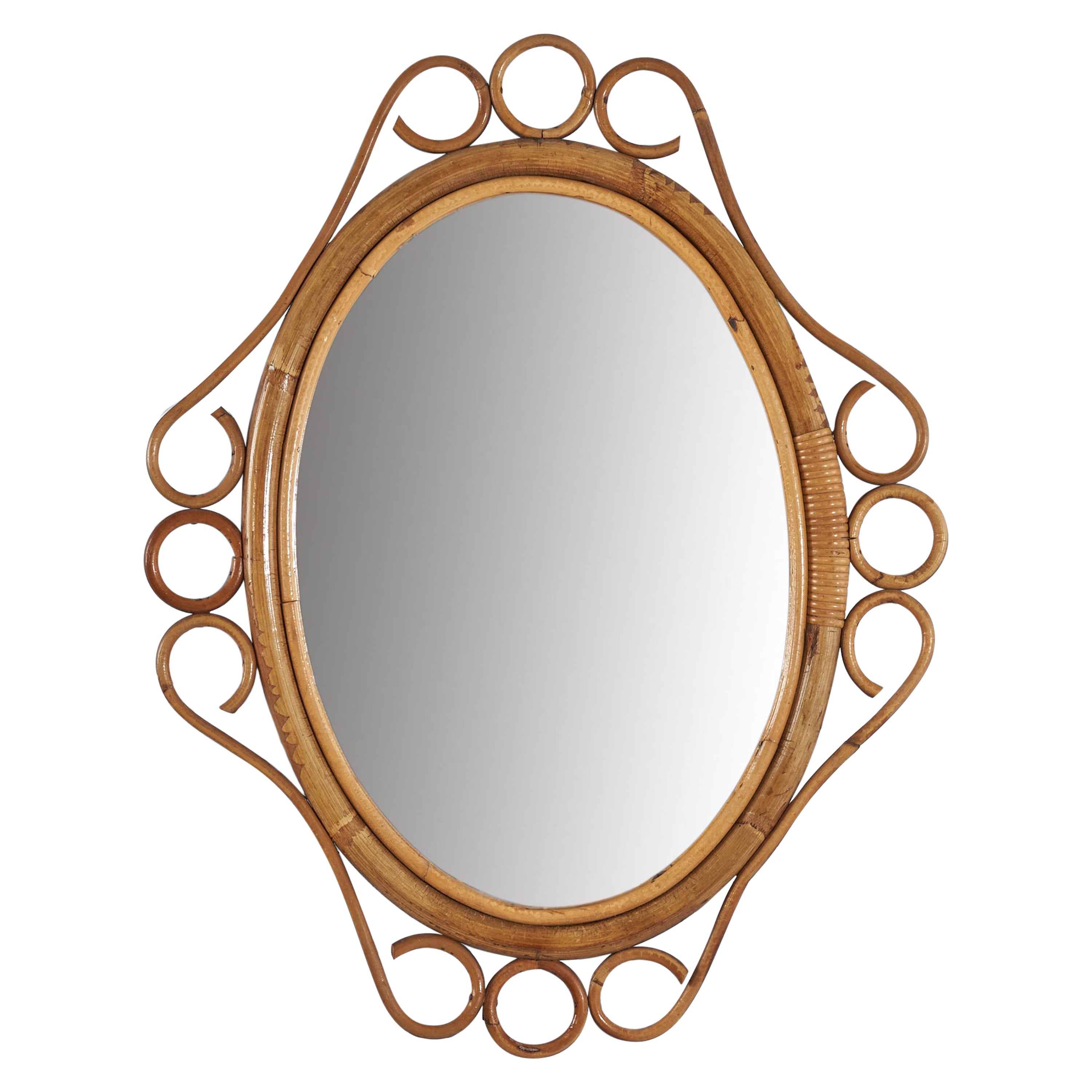 Italian Designer, Oval Wall Mirror, Rattan, Bamboo, Mirror, Italy, C