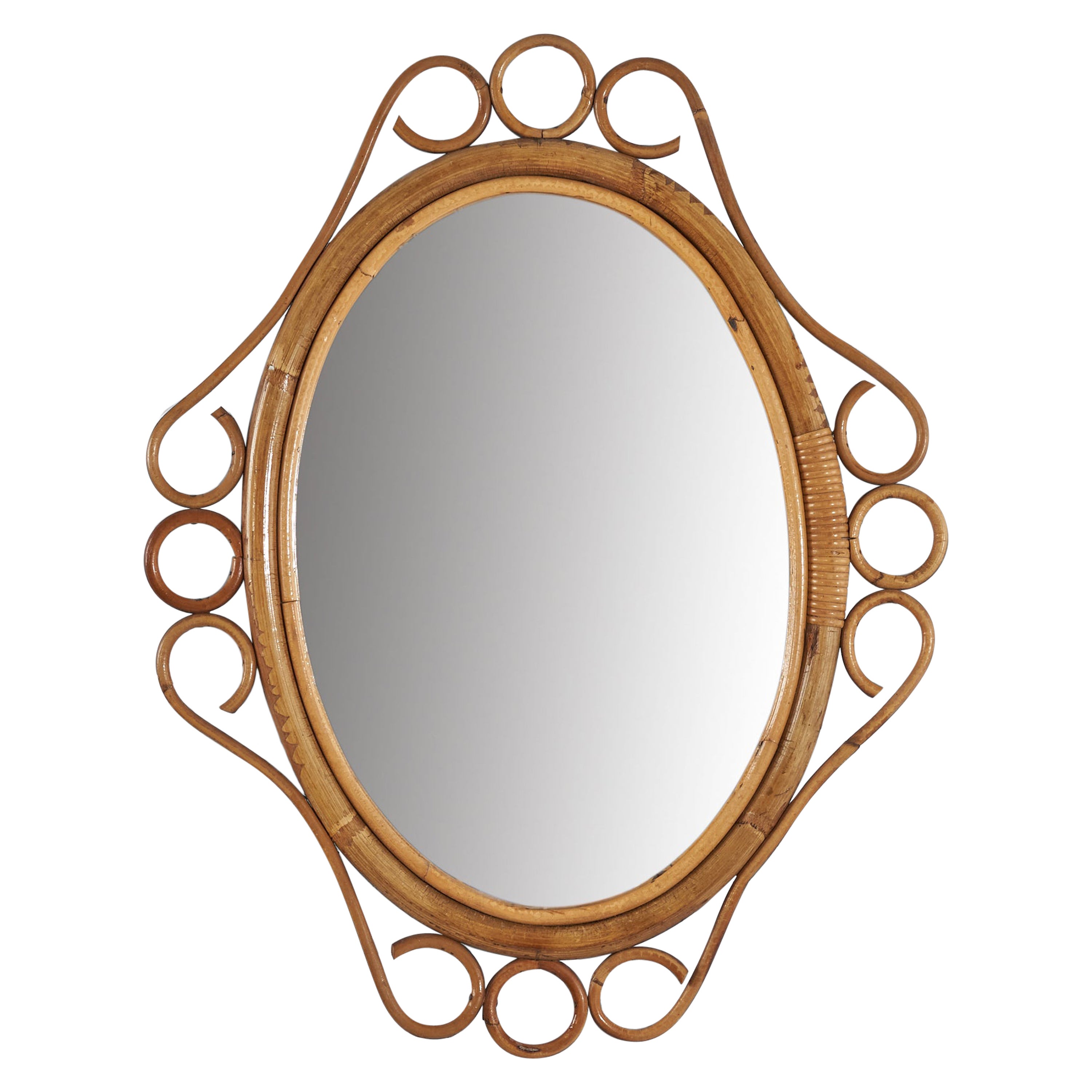 Italian Designer, Oval Wall Mirror, Bamboo, Rattan, Mirror, Italy, c. 1950s