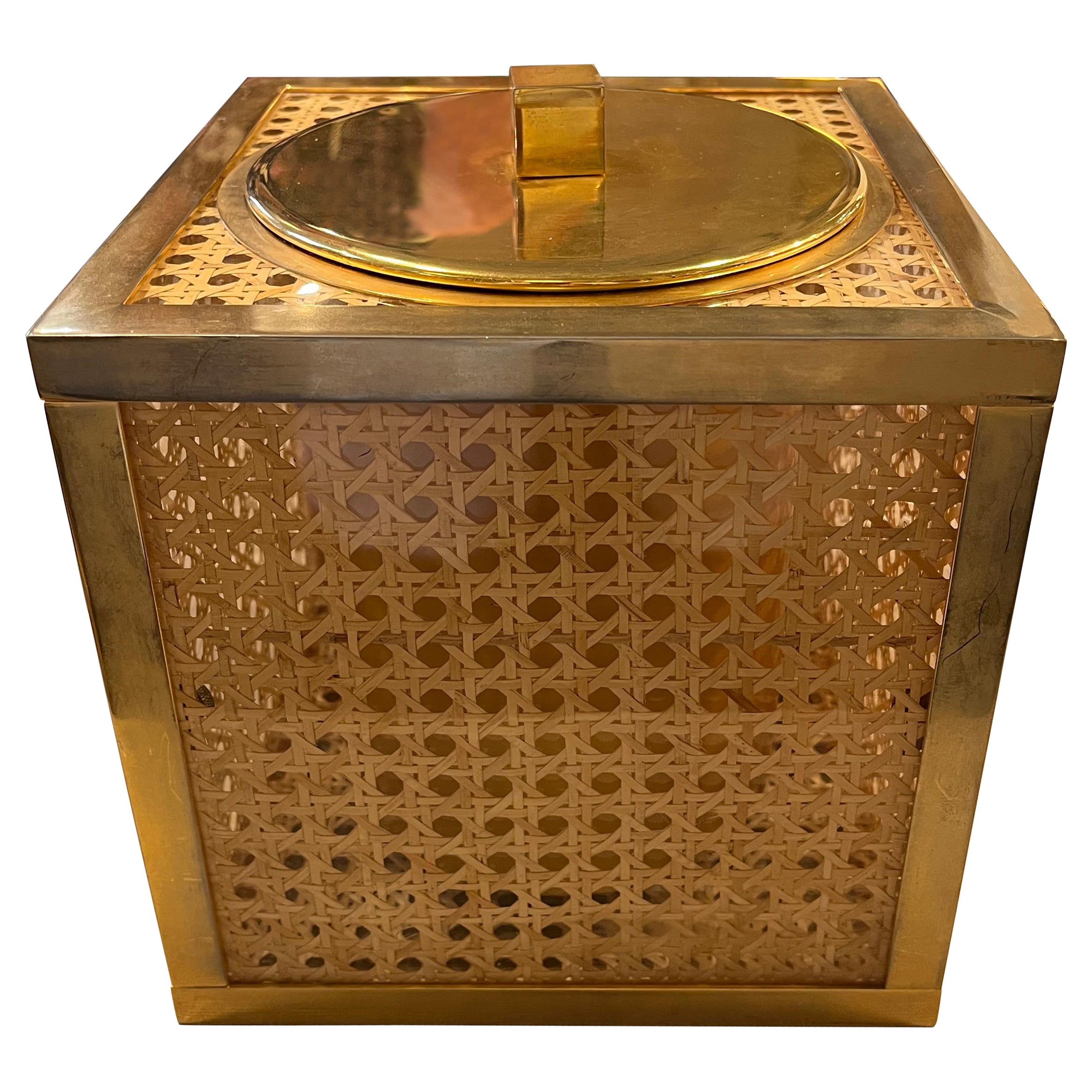 Mid-Century Modern  Brass, Wicker and Lucite Ice Bucket For Sale