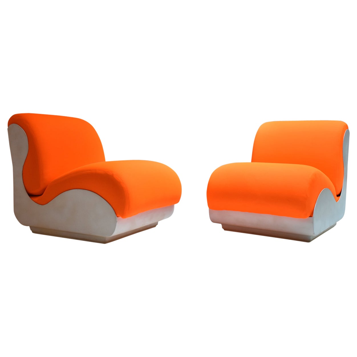 Mid-Century Modern Italian, 1970s Set of 2 Armchairs orange fluo white structure